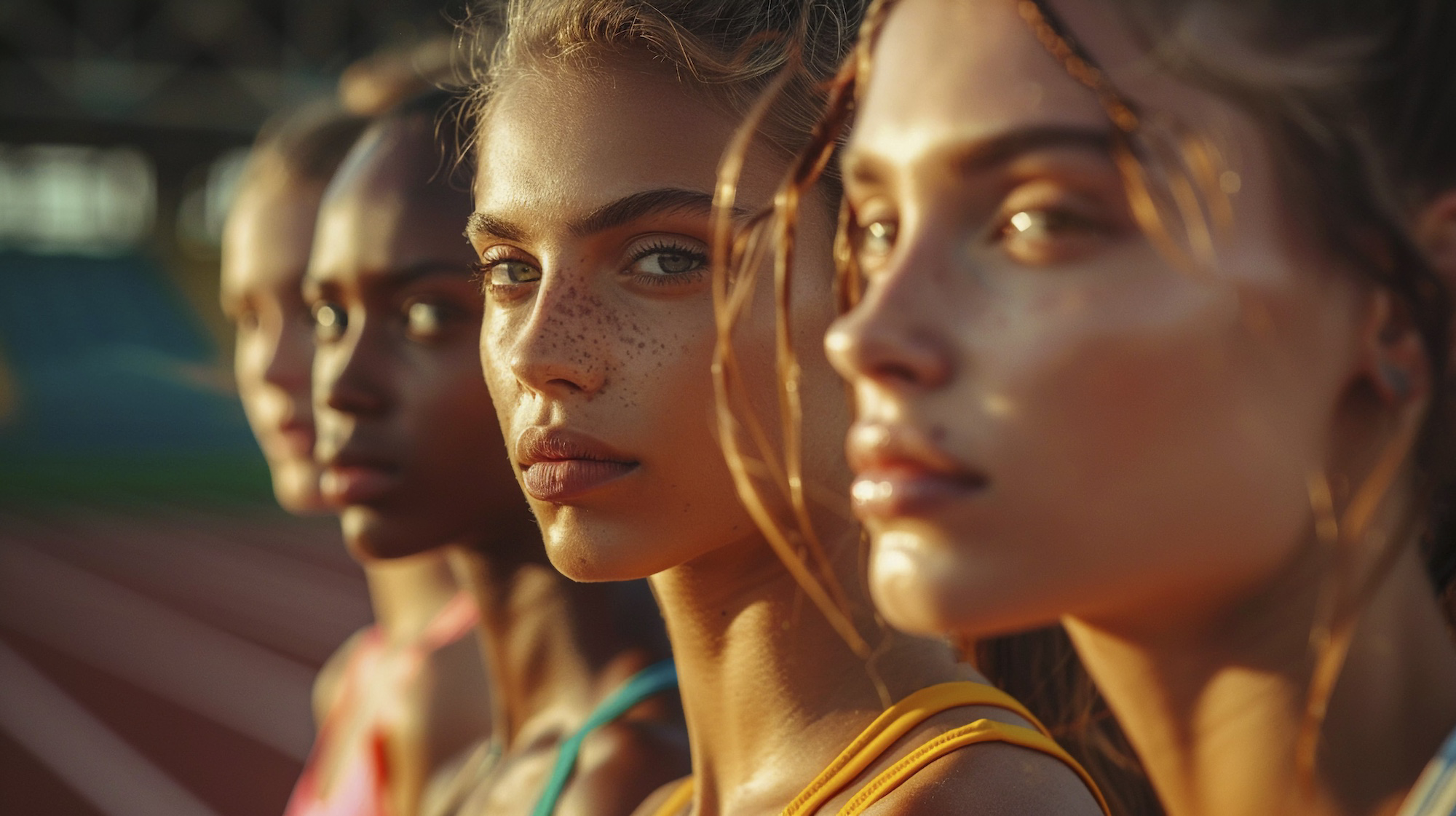 female Olympic runners concentrate on the starting line